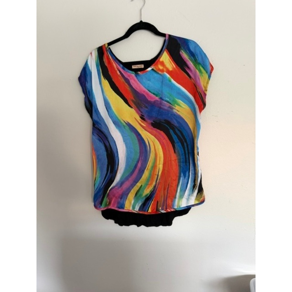 Cha Cha Vente Womens XL Abstract Print Layered Short Sleeve Blouse Black Multi